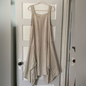 Krista Larson tan and ivory Gingham Linen pinafore / apron dress. Will fit L-XL